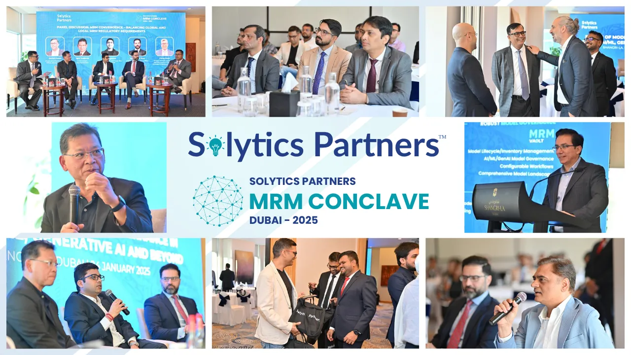 Solytics Partners MRM Conclave – Dubai 2025 event banner featuring keynote speakers, panelists, session topics, event details, and AI-driven Model Risk Management discussions.