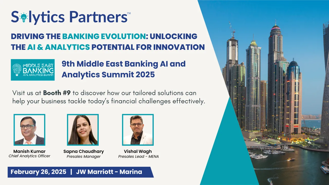 9th Middle East Banking AI & Analytics Summit 2024 banner featuring Solytics Partners team, session details, date, venue.