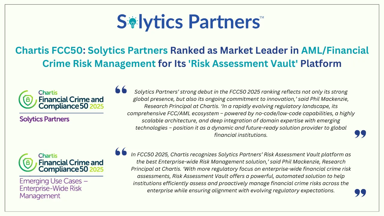 Solytics Partners ranked #1 in Enterprise-Wide Risk Management by Chartis FCC50 2025 for leadership in compliance technology