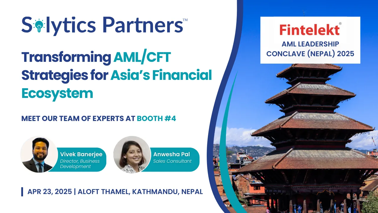 Fintelekt AML Leadership Conclave 2025 banner featuring event details, Solytics Partners’ team Vivek and Anwesha presenting SAMS and EMOT, April 23, 2025, Hotel Aloft, Kathmandu, showcasing AML compliance innovations.