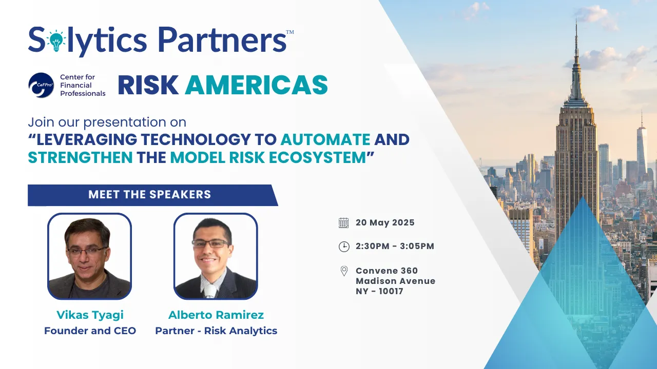Risk Americas 2025 banner showcasing Solytics Partners session on AI-driven MRM solutions, team photographs, event details, and venue.