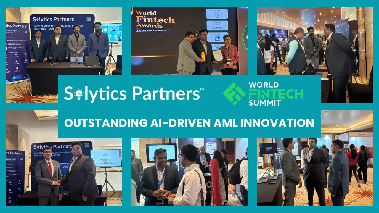 World Fintech Summit 2025: Solytics Partners team with Nikhil Bhure, Anirudha Maske, Arkajyoti Roy Choudhury, Samiul Islam; presenting insights on AI, ESG, and Compliance. Event details include date, time, session highlights, and key topics like AI in Finance and Sustainability.