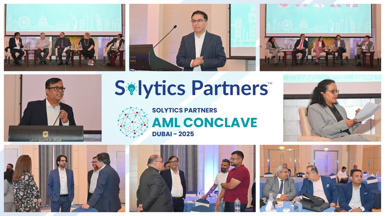 Solytics Partners AML Conclave Dubai 2025 banner with event details, session title, speaker photos, date, and location