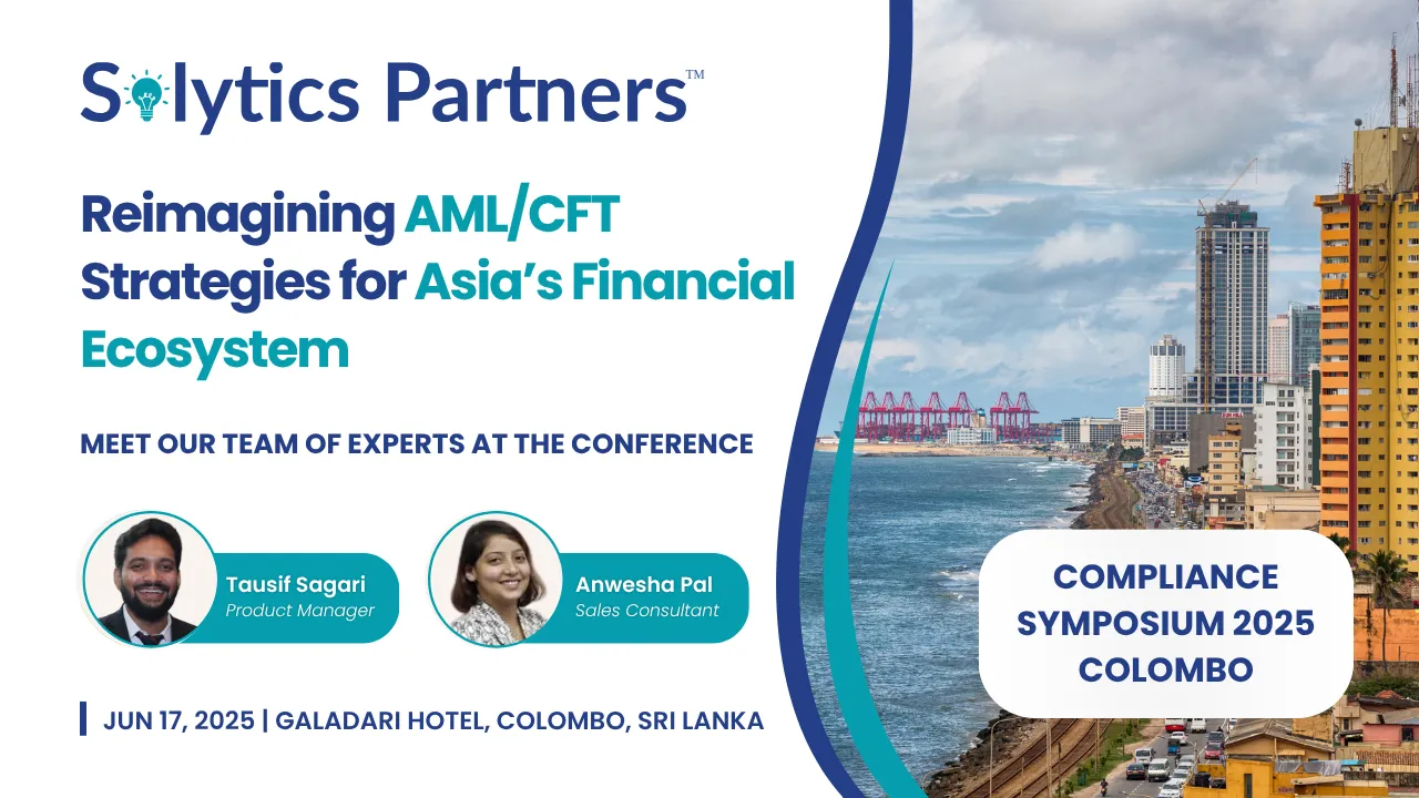 Solytics Partners at Compliance Symposium 2025 in Colombo, showcasing AML/CFT solutions with team members Tausif and Anwesha.