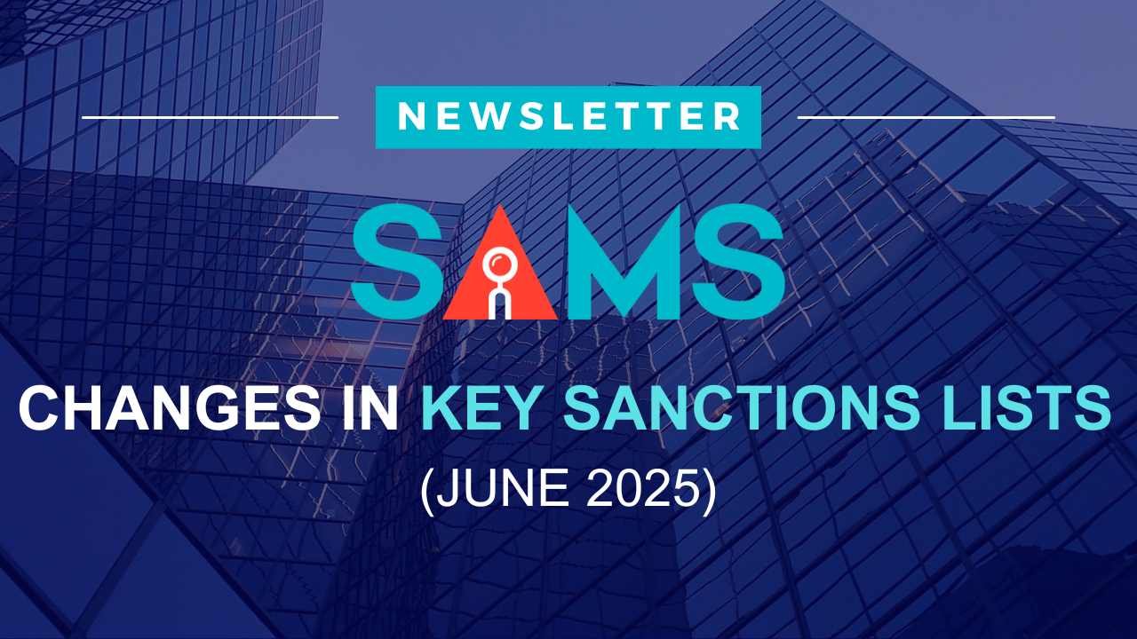 blue newsletter poster which contains changes in key sanctions list of june 2025 month of the name screening anti money laundering product of Solytics Partners company