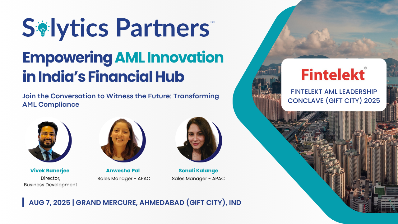 Solytics Partners team at Fintelekt AML Leadership Conclave – GIFT City 2025, showcasing AI-powered compliance platforms for IFSC AML/CFT solutions.
