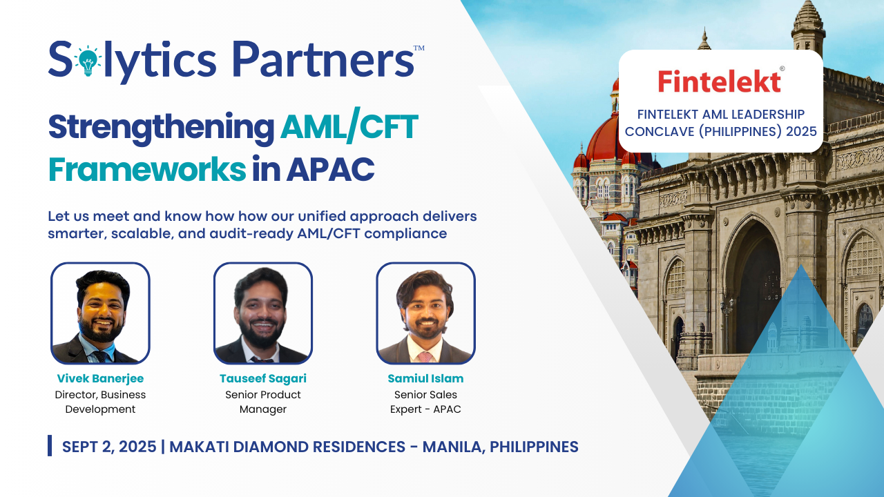 Solytics Partners at Fintelekt AML Leadership Conclave Philippines 2025 discussing AML/CFT compliance, UBO identification, sanctions, and technology.