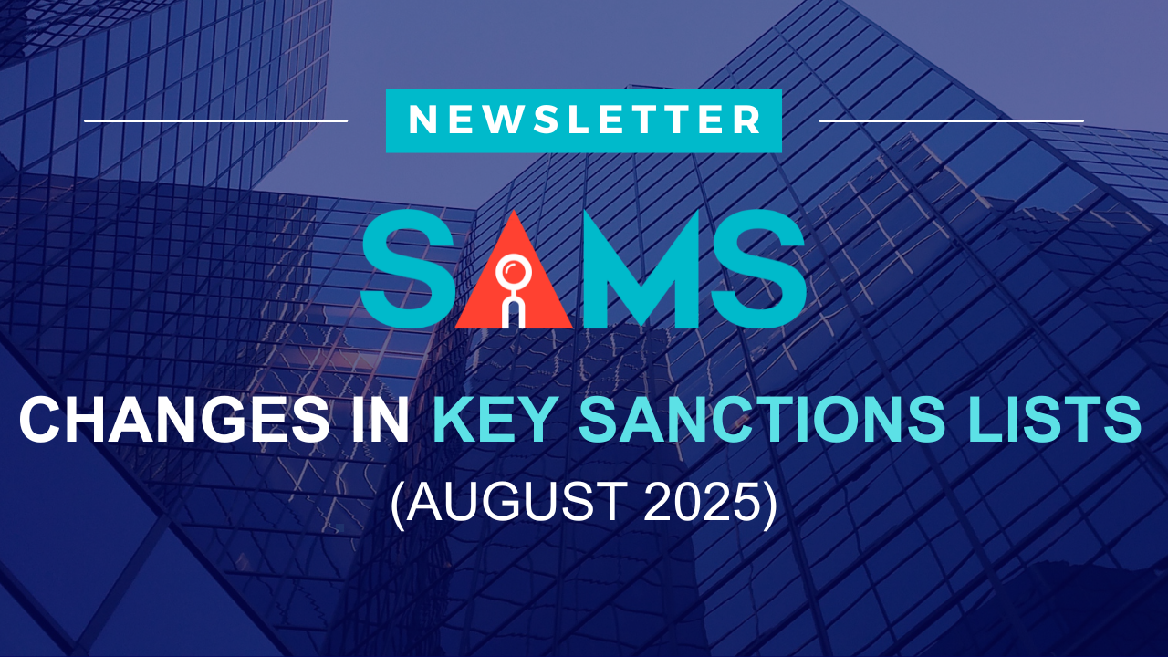 blue newsletter poster which contains changes in key sanctions list of august 2025 month of the name screening anti money laundering product of solytics partners company