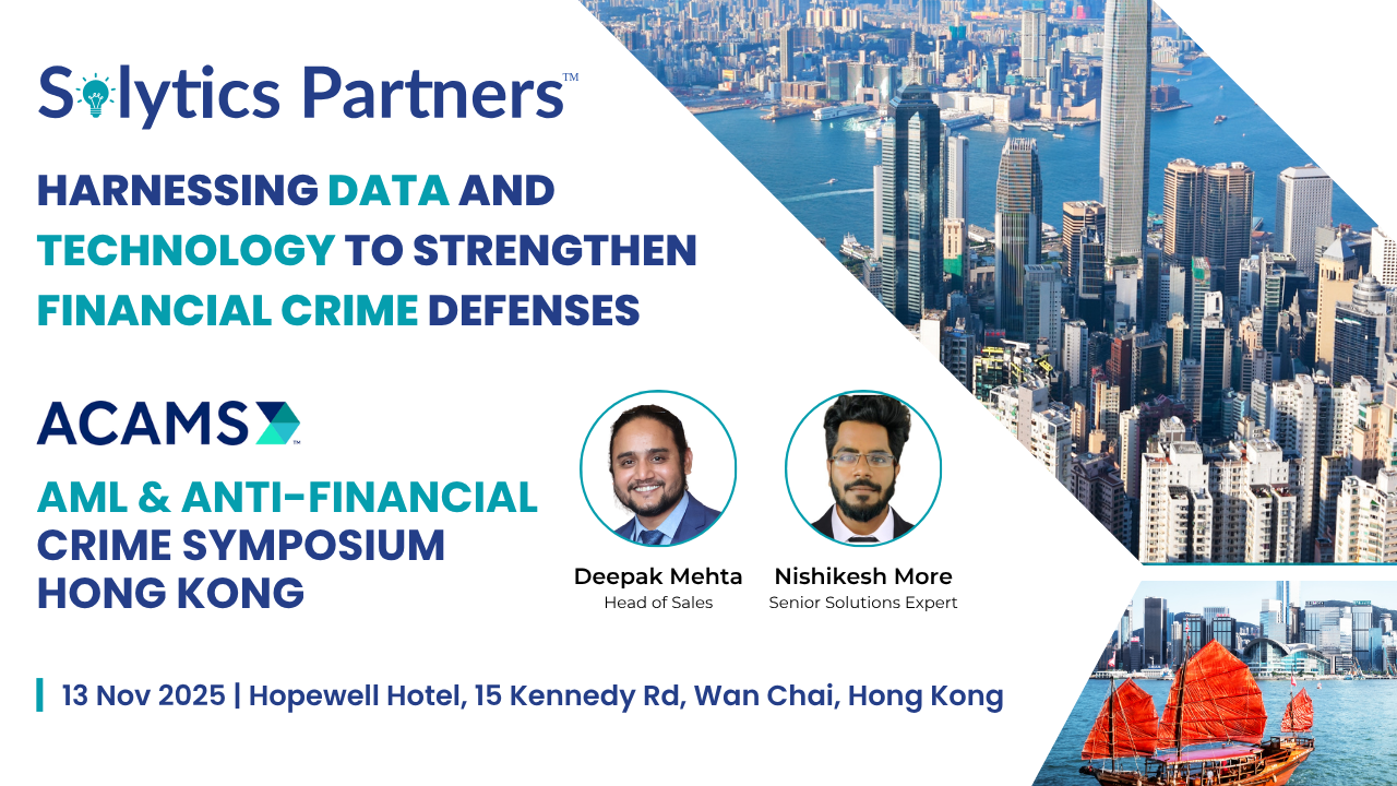 Solytics Partners team attending the ACAMS Hong Kong Symposium 2025 during sessions on AML regulations, digital assets, and financial crime compliance trends.