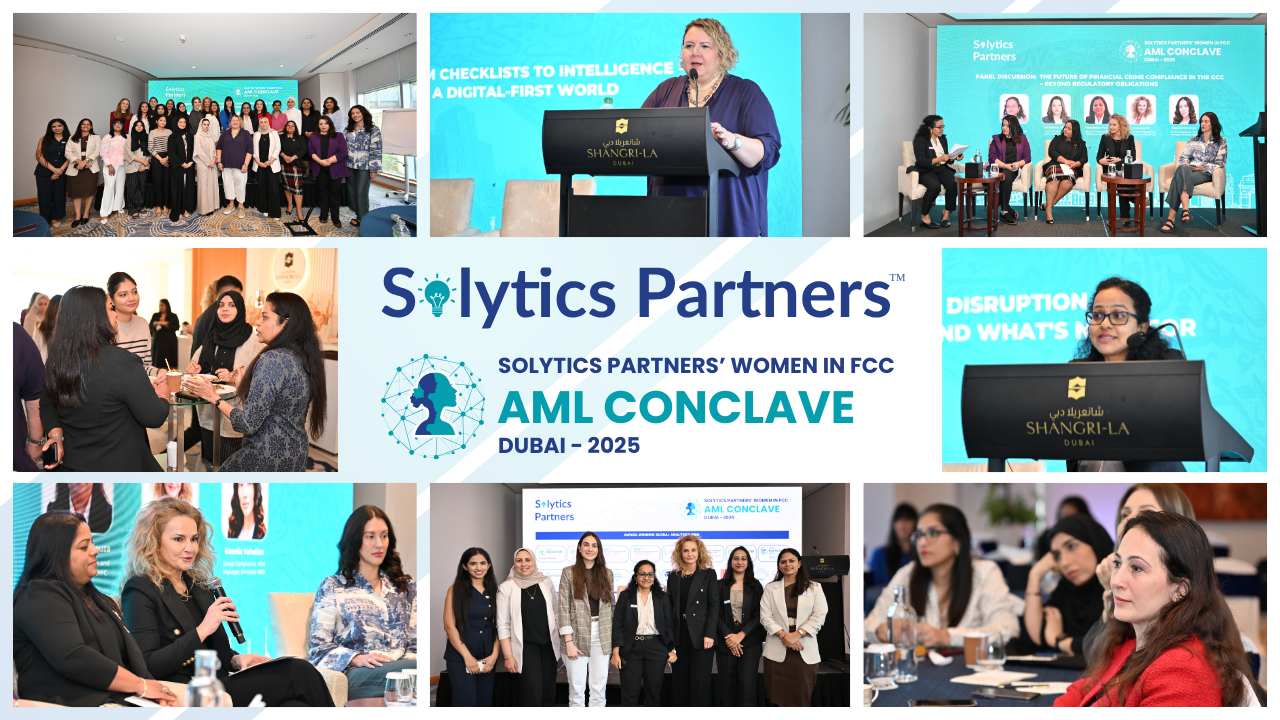 Banner featuring Women in FCC AML Conclave 2025 in Dubai with event photos, speakers, panelists, agenda highlights, and conclave branding.