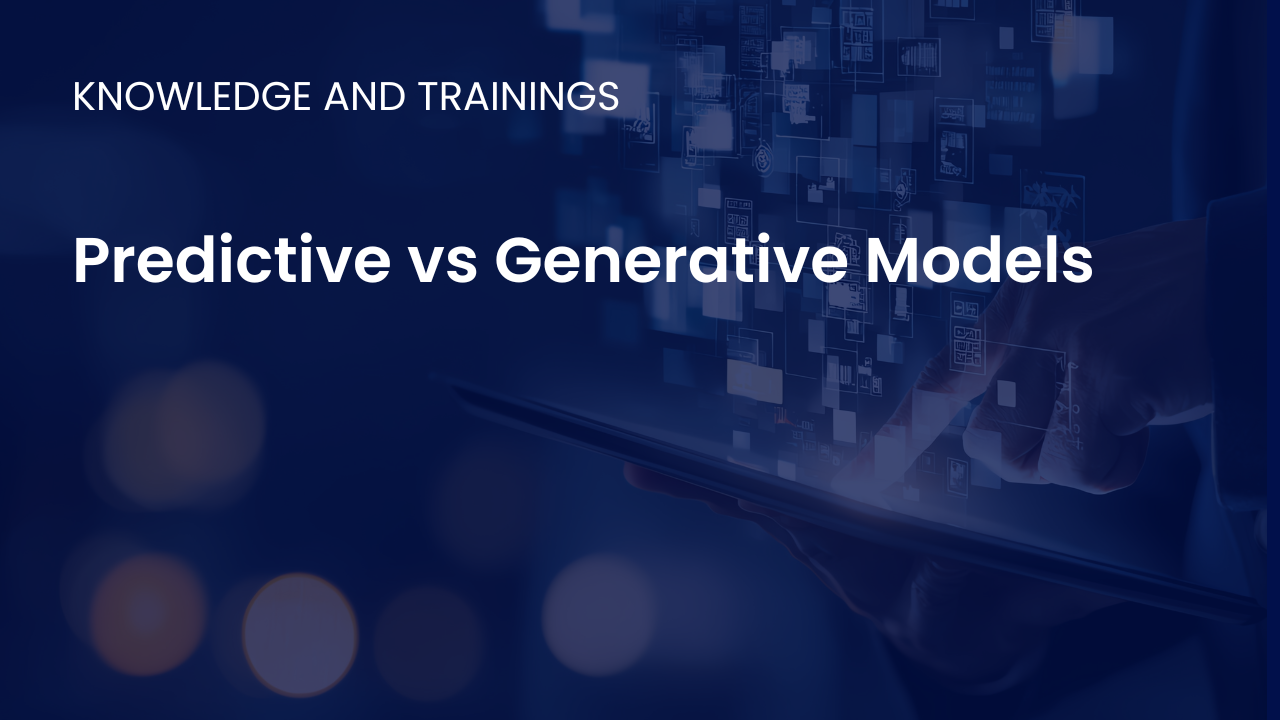 Comparison graphic showing predictive models forecasting outcomes versus generative models creating new data samples in AI systems