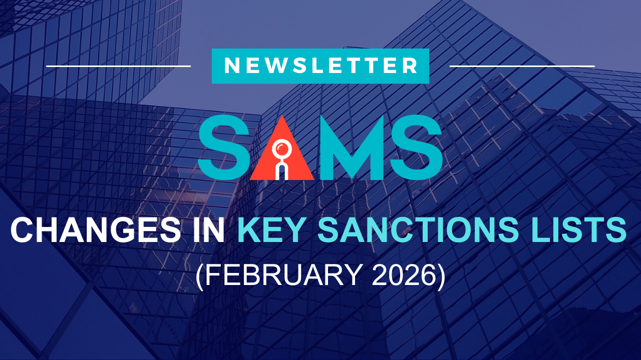 Blue newsletter poster highlighting changes in key sanctions lists for February 2026 for the SAMS name screening and anti-money laundering product by Solytics Partners.