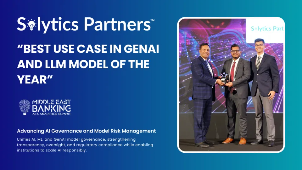 Banner announcing Solytics Partners winning “Best Use Case in GenAI and LLM Model of the Year” at the 11th Middle East Banking AI & Analytics Summit 2026.