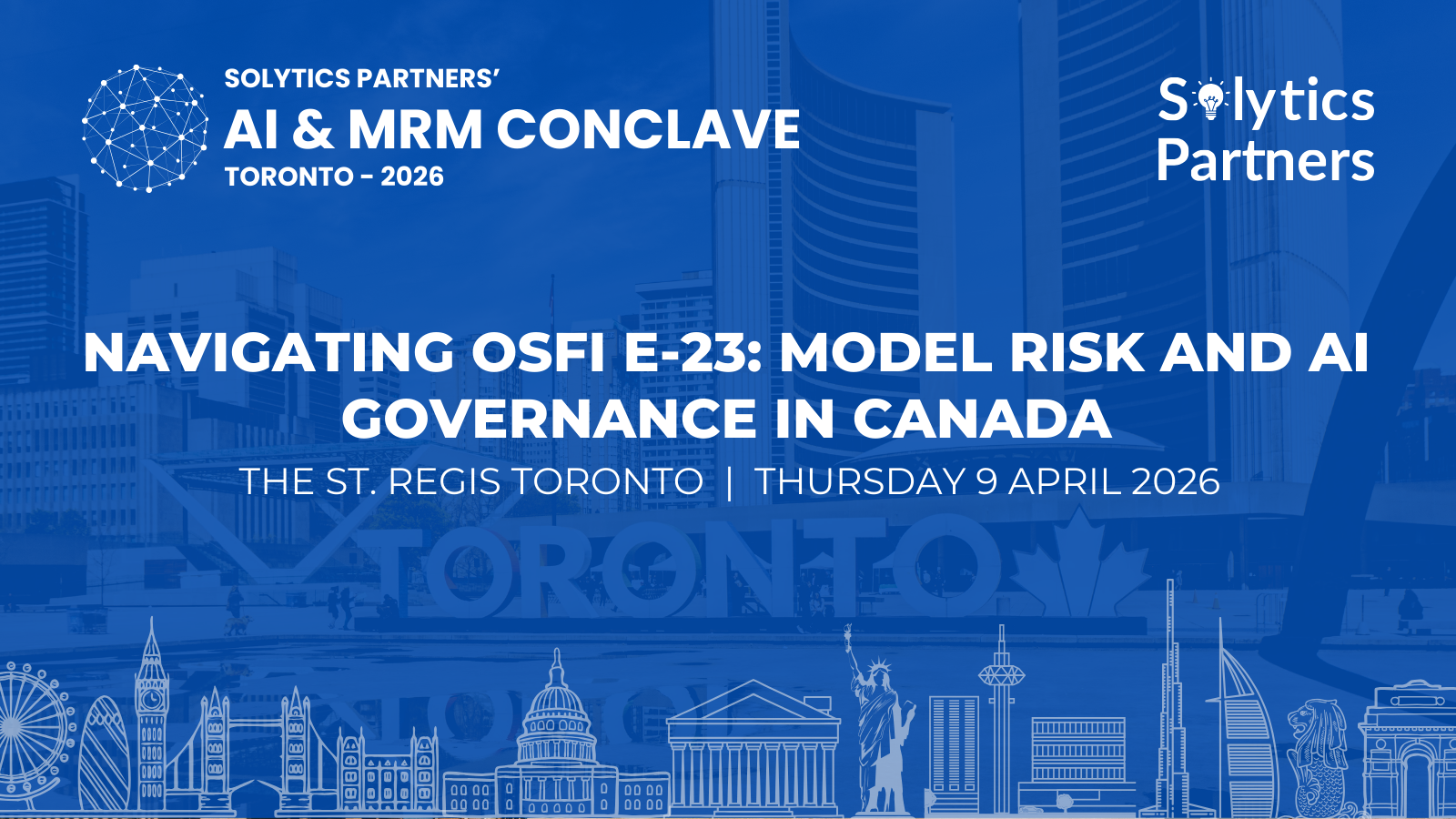 Solytics Partners AI and MRM Conclave Toronto 2026 banner highlighting OSFI E-23, AI governance, model validation workshop and financial risk leaders