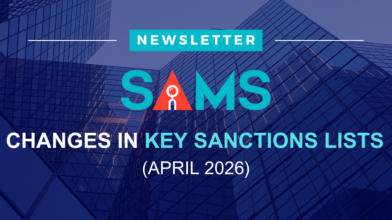 Blue newsletter poster on April 2025 sanctions list updates, Solytics Partners AML product