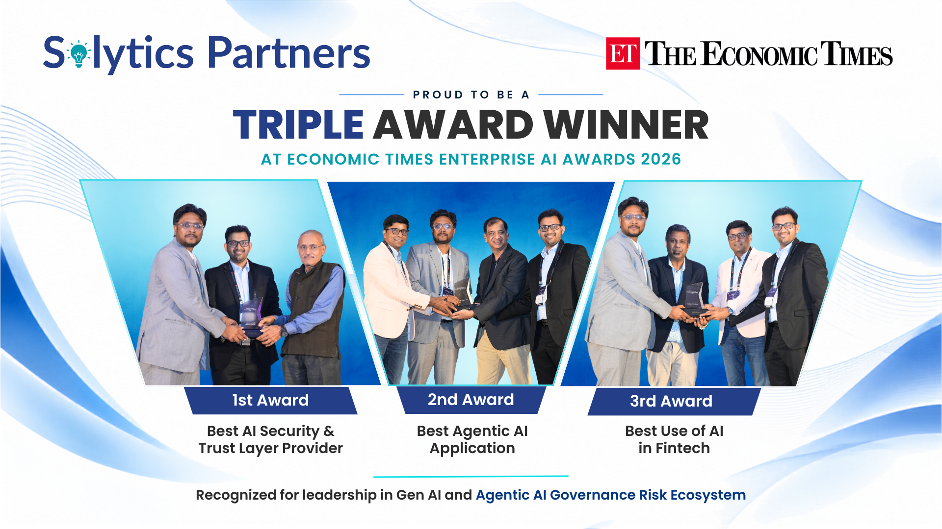 Solytics Partners team receiving three awards at the Economic Times Enterprise AI Awards 2026: Best AI Security & Trust Layer Provider, Best Agentic AI Application and Best Use of AI in Fintech.