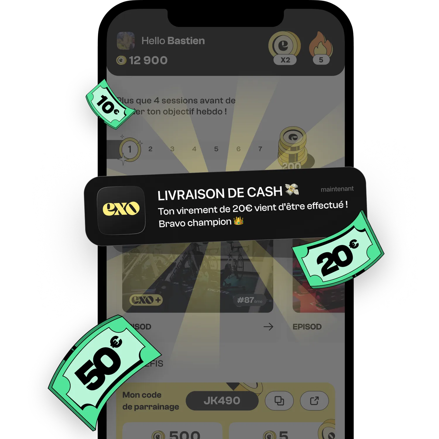 QR code squat personnage exo + gourde et transpiration