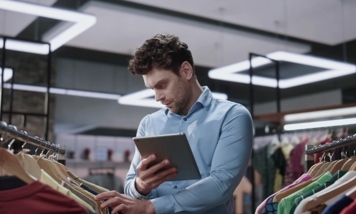 Um homem de camisa azul, possivelmente gerente ou funcionário de uma loja, está em pé em meio a araras de roupas. Ele olha com concentração para um tablet que segura em suas mãos, enquanto verifica o estoque de peças coloridas penduradas em cabides.