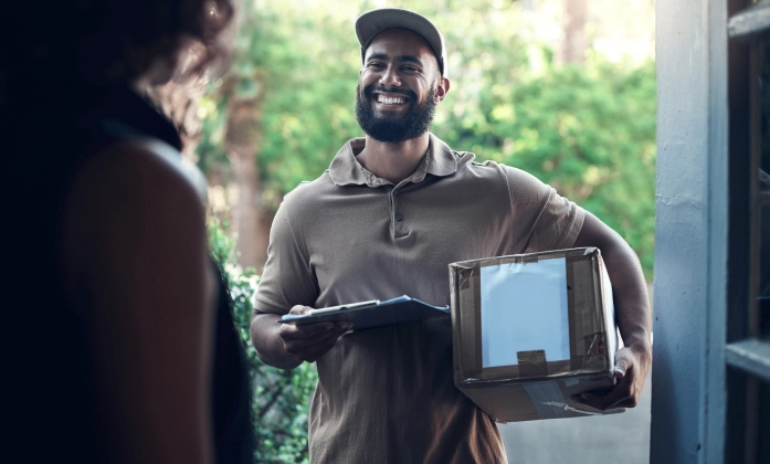 Um entregador amigável, com barba e boné, sorri enquanto entrega uma encomenda na porta de uma casa. Ele segura uma caixa de papelão em uma mão e uma prancheta na outra, interagindo com a pessoa que o recebe.