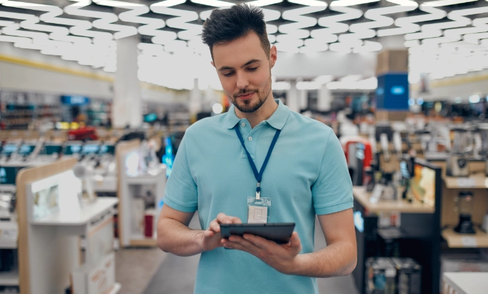 Um jovem vendedor em uma loja de eletrônicos, vestindo uma camisa polo azul clara e um crachá de identificação, está olhando para baixo e interagindo com um tablet digital que ele segura com as duas mãos. Ele tem uma barba curta e bem cuidada. O fundo da imagem está desfocado, mostrando prateleiras com produtos eletrônicos e iluminação moderna no teto da loja.