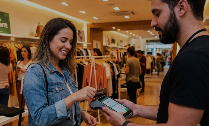 Em uma loja de roupas bem iluminada, uma mulher de cabelos longos e jaqueta jeans sorri enquanto insere um cartão de crédito em um terminal de pagamento móvel. Um vendedor de barba e camiseta preta, posicionado à direita, segura a máquina para ela. Ao fundo, o ambiente da loja mostra araras com roupas variadas e outros clientes desfocados.
