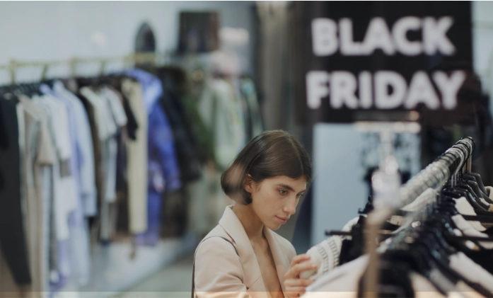Uma mulher jovem de cabelo curto e blazer bege está focada, segurando e analisando uma roupa branca em um cabide. Ela está em uma loja de moda. Ao fundo, levemente desfocado, vê-se outras araras com roupas e uma placa preta com letras brancas grandes escrito 'BLACK FRIDAY'.