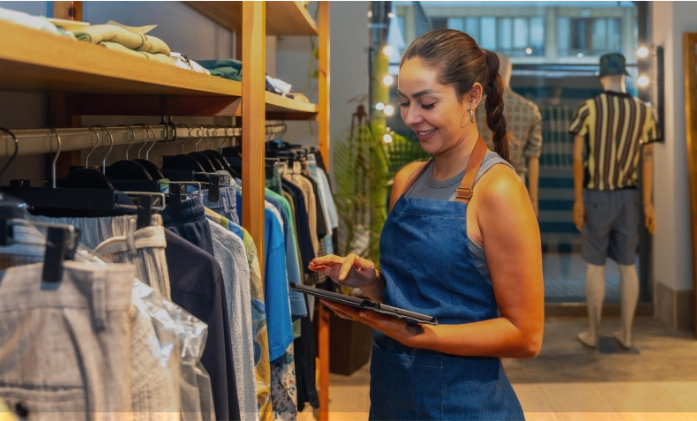 Uma mulher de cabelo escuro preso em uma trança, vestindo um avental jeans, está em pé no corredor de uma loja de roupas. Ela segura um tablet e toca na tela com um sorriso leve. À esquerda, há prateleiras de madeira com roupas dobradas e penduradas em cabides. Ao fundo, vê-se um manequim masculino e um espelho com iluminação.