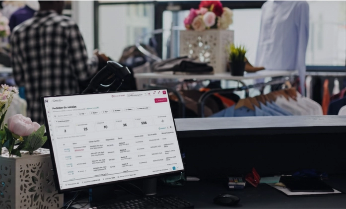 Em primeiro plano, sobre um balcão preto, um monitor exibe um sistema de gestão (dashboard) com números e listas de dados. Ao lado, há um teclado, mouse e um pequeno vaso decorativo branco com flores. O fundo está desfocado, revelando o ambiente de uma loja de roupas com araras organizadas e um cliente de camisa xadrez, visto de costas, escolhendo produtos.