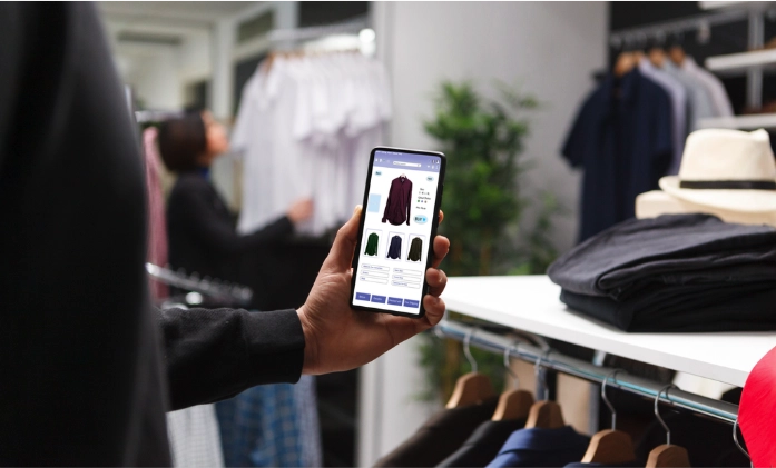 Em primeiro plano, a mão de uma pessoa segura um celular que exibe a interface de uma loja online, com a foto de uma camisa vinho e botão de compra. O cenário é o interior de uma loja física: à direita, há uma prateleira branca com calças dobradas e um chapéu; ao fundo, levemente desfocado, vê-se outra pessoa examinando roupas em cabides.