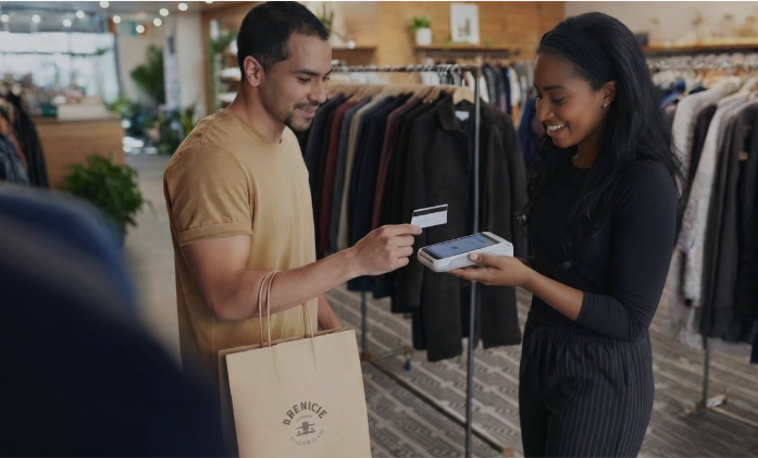 Cena em uma loja de roupas: à esquerda, um cliente de camiseta mostarda segura uma sacola de papel e estende um cartão de crédito. À direita, uma vendedora negra, vestida de preto e usando uma faixa no cabelo, sorri enquanto segura um terminal de pagamento branco (Smart POS) para processar a venda. O fundo mostra o interior da loja com roupas organizadas em araras.