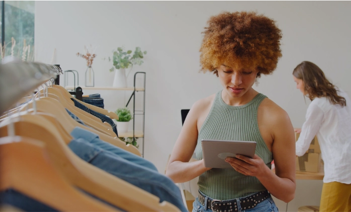Uma mulher com cabelo afro volumoso usa um tablet em uma loja de roupas, com uma arara de cabides em primeiro plano e outra pessoa organizando caixas ao fundo.