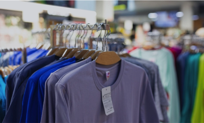 Close-up de uma camiseta cinza com etiqueta pendurada em um cabide de madeira, em uma arara com outras roupas coloridas dentro de uma loja.
