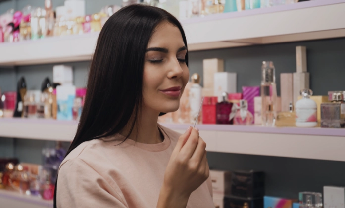 Mulher de cabelos escuros e olhos fechados sorri enquanto sente o aroma de uma fita de teste em uma perfumaria.