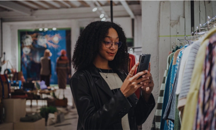 Mulher jovem com cabelos cacheados e óculos usa um smartphone em uma loja de roupas, próxima a uma arara de peças coloridas.