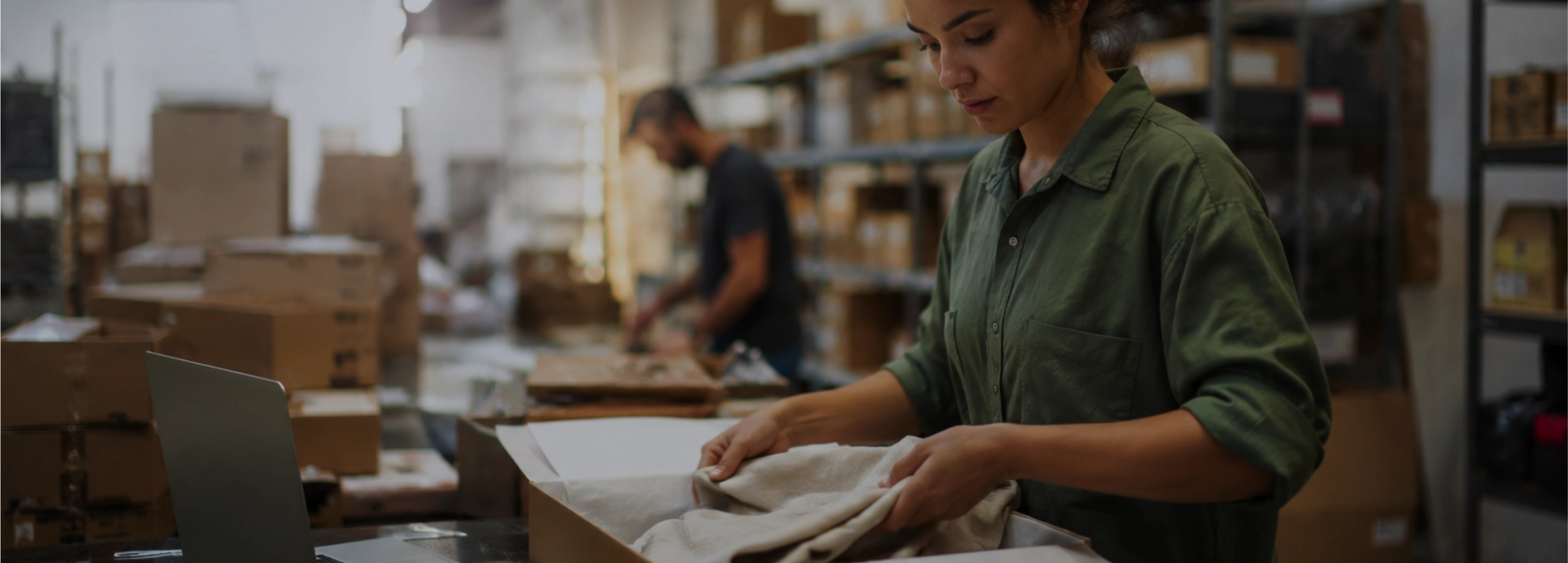 Uma mulher em um armazém embala cuidadosamente uma peça de roupa em uma caixa de papelão, com um laptop aberto ao lado.