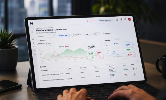 Pessoa digitando em um tablet com teclado que exibe um dashboard de monitoramento de dados com gráficos de desempenho e tabelas.