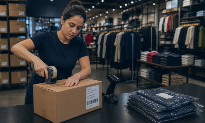 Uma mulher em uma loja de roupas sela uma caixa de papelão com fita adesiva sobre um balcão.
