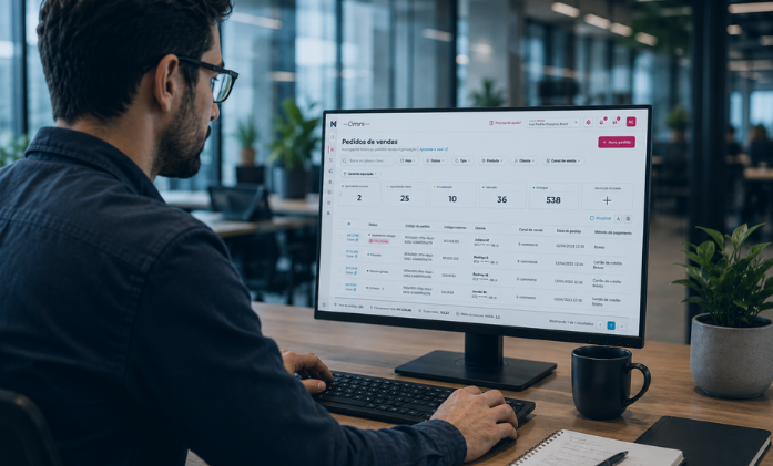 Um homem de óculos trabalhando em um escritório enquanto visualiza um painel de gerenciamento de pedidos de vendas em um monitor de computador.