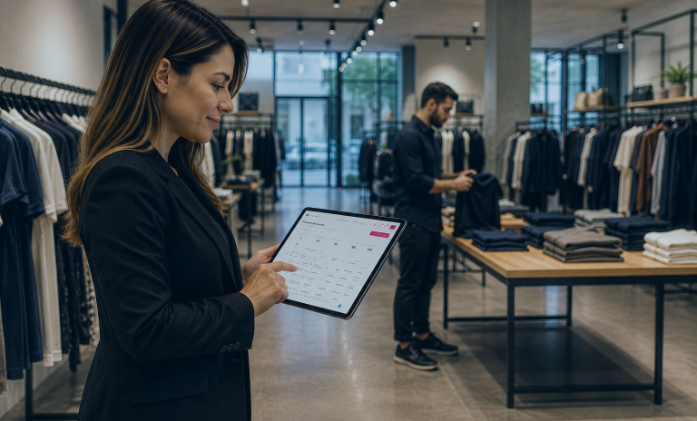 Mulher de terno preto usa um tablet em uma loja de roupas enquanto, ao fundo, um colega de trabalho dobra camisetas em uma mesa de exposição.