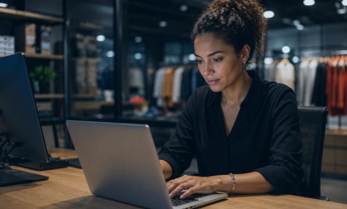 Uma mulher de cabelos cacheados e camisa preta trabalha concentrada digitando em seu notebook sobre uma mesa de madeira, com uma loja de roupas ao fundo.