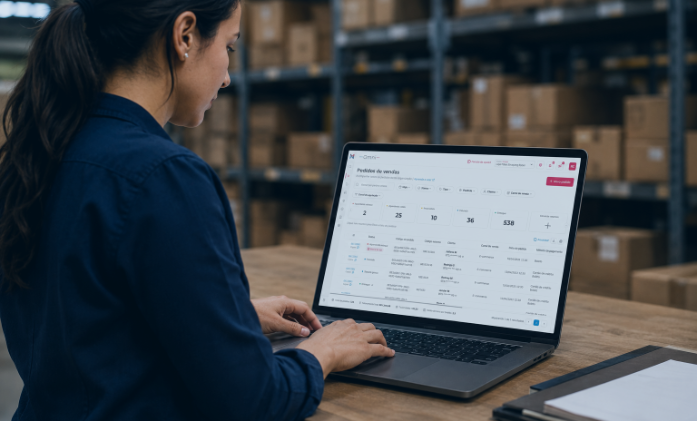 Mulher usando um notebook com um sistema de gestão de pedidos aberto, em um centro de distribuição com prateleiras cheias de caixas ao fundo.
