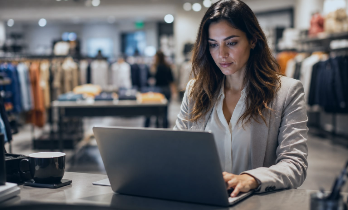 Mulher branca mexendo em um notebook em uma loja de roupas