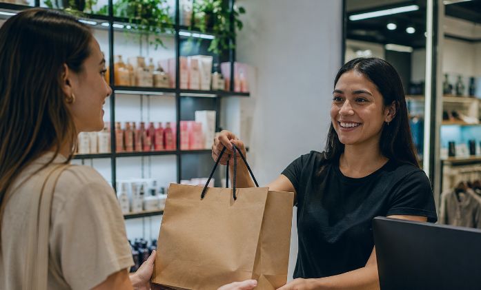 Atendente de loja entregando sacola de compras para clientes