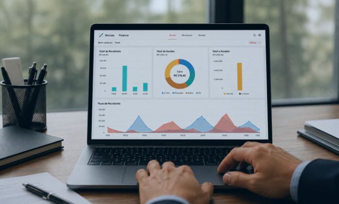 Notebook aberto em cima da mesa c om um dashboard na tela