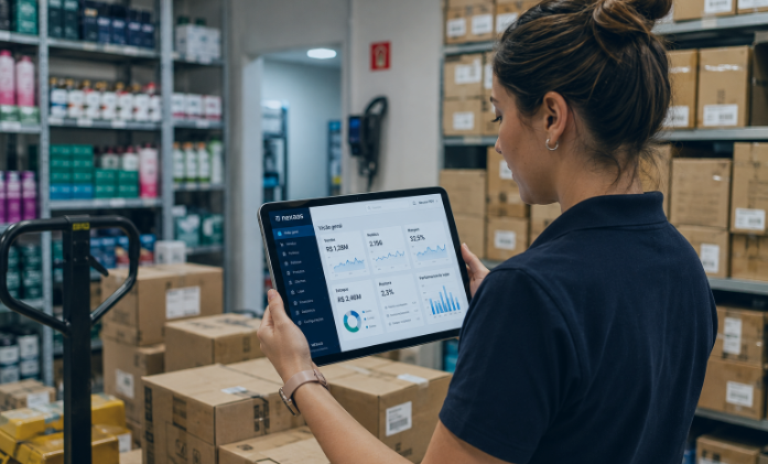 Uma mulher segura um tablet com gráficos e dados dentro de um estoque cheio de mercadorias.