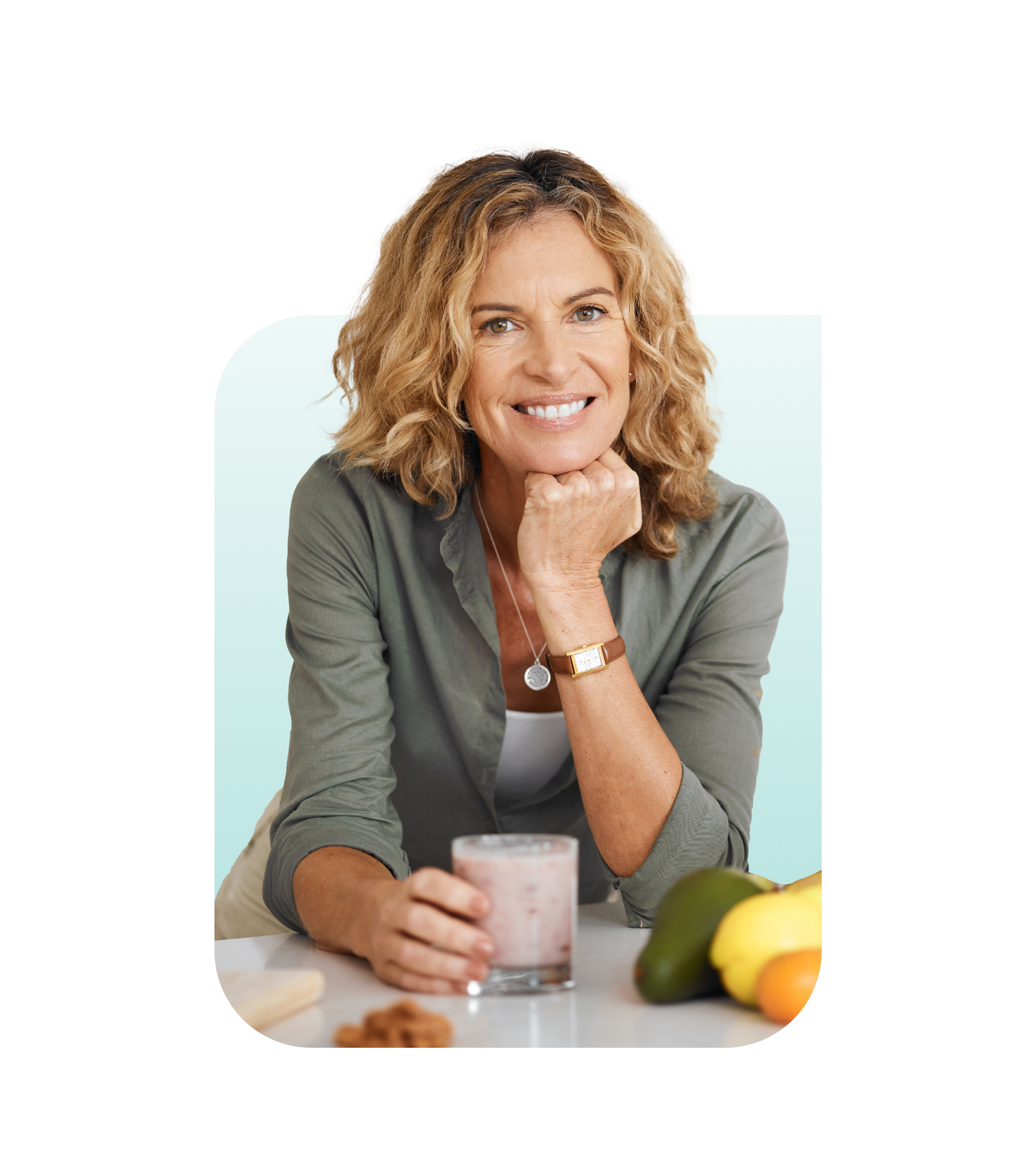 Middle age female feeling holding a glass of smoothie