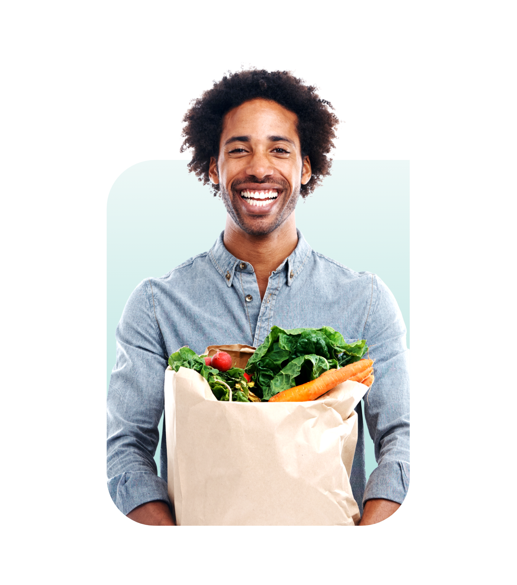 Happy male holding a bag of groceries