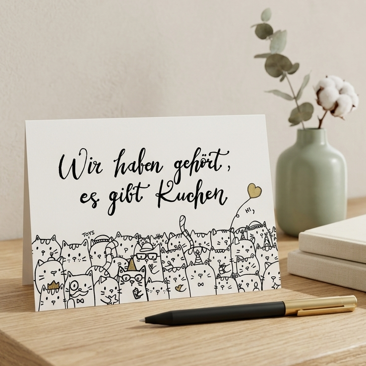 Hand-lettered german birthday card with detailed cartoon illustrations and golden ink highlights