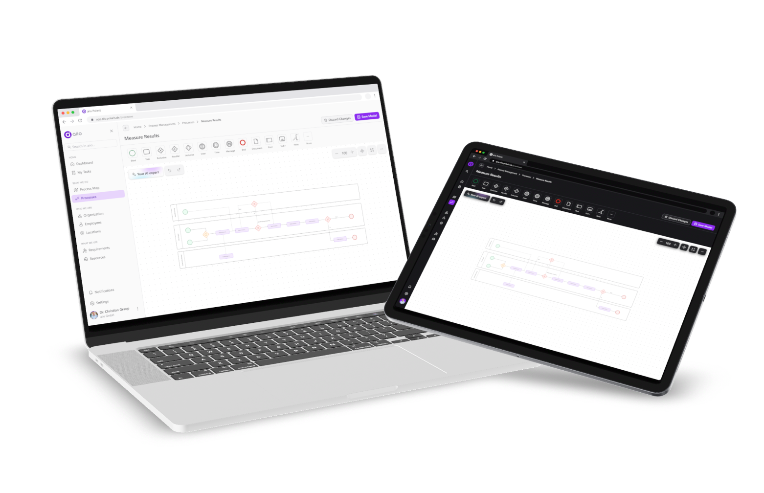 Mockup Laptop und Tablet auf dessen Screen der aiio Prozessmodelers in Light- und Dark-Mode gezeigt wird