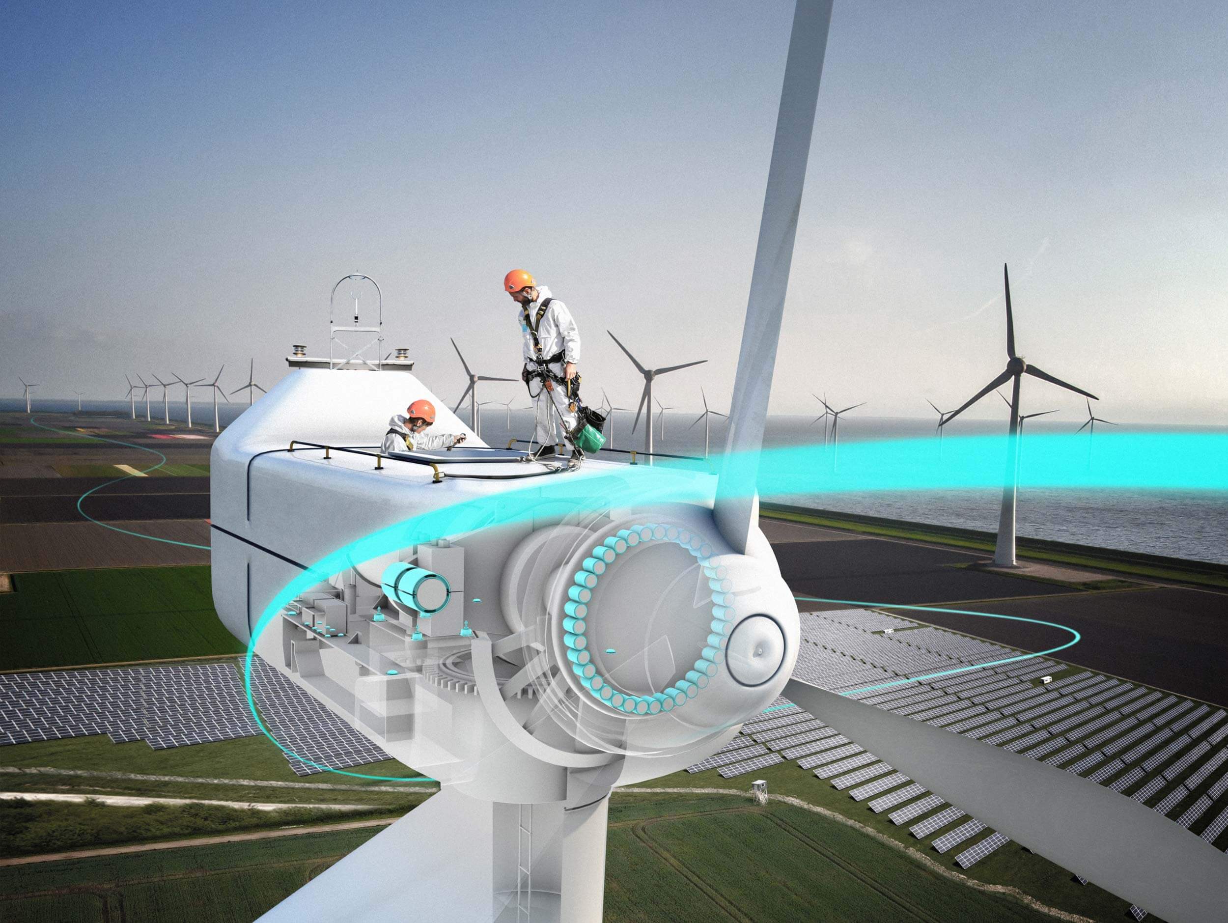 an artist's rendering of a wind turbine being used to power a wind farm